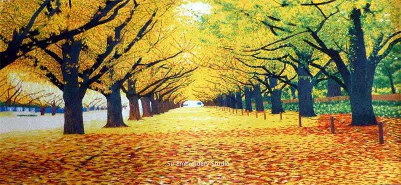 Chinese hand embroidered silk painting Golden Path depicting trees with golden leaves in autumn