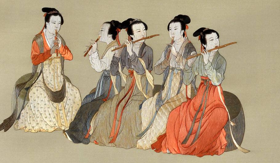 silk embroidery Chinese Ladies Playing the Flute