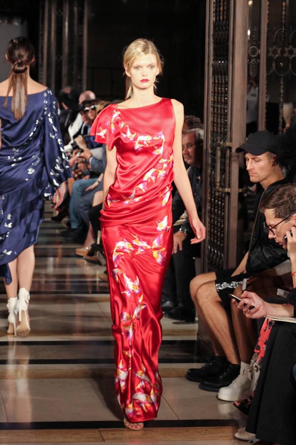 silk embroidered dress at london fashion show