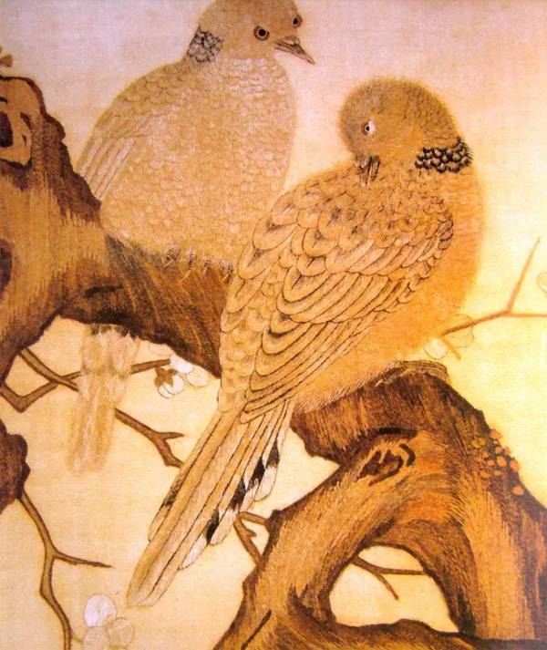 two birds perched on a branch, silk hand embroidered artwork in the Song Dynasty in China