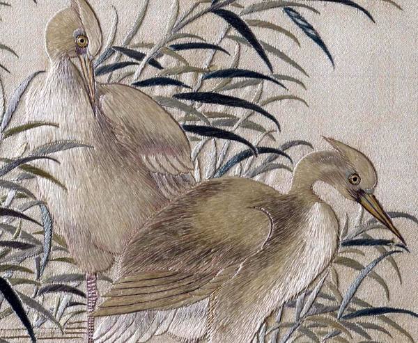 two herons, chinese hand embroidered silk art with traditional stitching