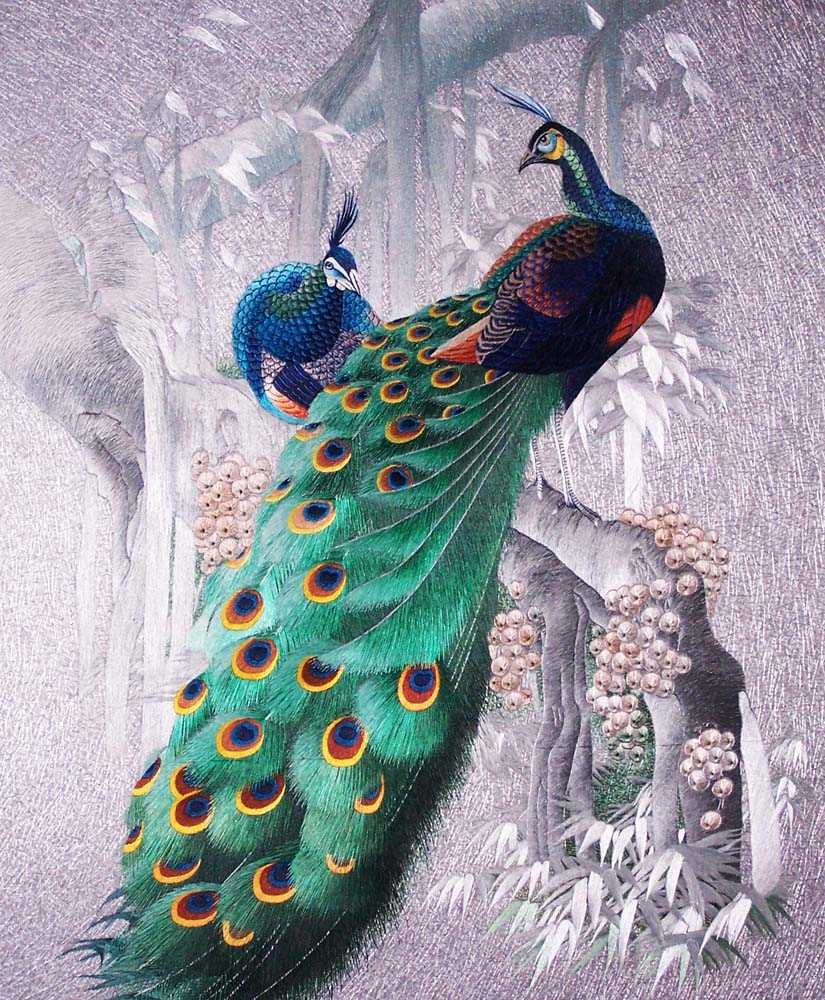 two peacocks, a masterpiece chinese silk embroidery 