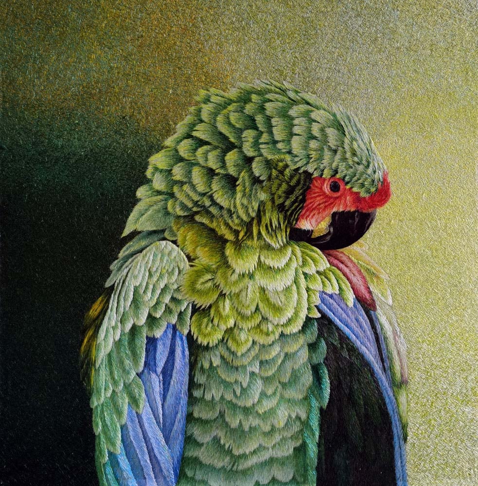a green parrot, Chinese silk embroidery painting alll hand embroidered with silk threads by Su Embroidery Studio