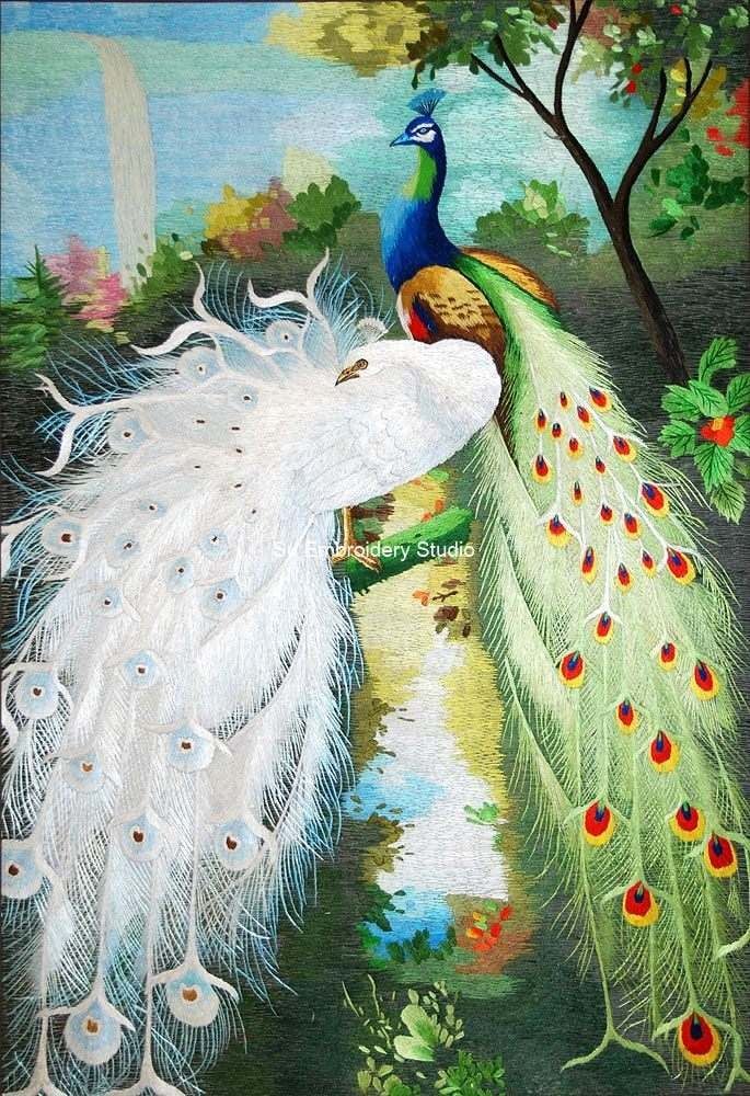 chinese silk embroidery peacocks