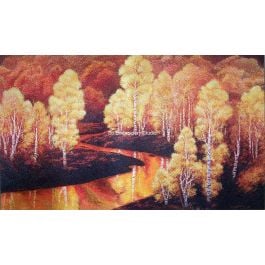 golden autumn scene of lake with yellow trees around, silk hand embroidered painting