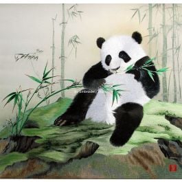 panda in bamboo forest eating bamboo leaves, chinese handmade silk embroidery art