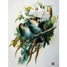 two birds resting on a branch with white flowers, hand embroidered with silk threads by embroidery artists from Su Embroidery Studio, Suzhou China