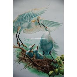 Heron family, two adult herons and their babies, Chinese silk hand embroidery work