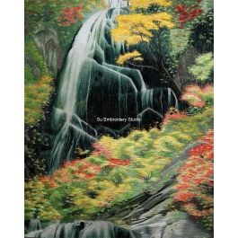 waterfall in autumn with colorful trees, hand embroidery with silk threads from China