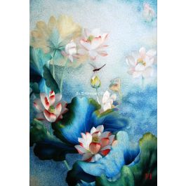blooming lotus flowers with a dragonfly, silk hand embroidered painting from Suzhou China