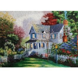 cottage in a garden with trees around it, all hand embroidered with silk threads
