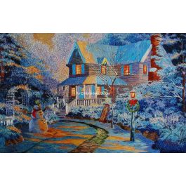 cottage in winter with snowman, all hand embroidered with silk threads