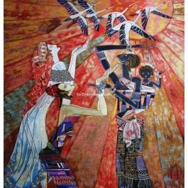 Chinese hand embroidered silk art depicting three figures in different skin tones praying for the peace with flying cranes in the sky