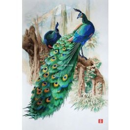 Chinese silk embroidery Two Peacocks standing on the tree with beautiful feathers