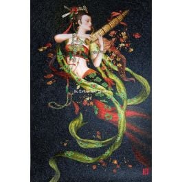 Chinese silk embroidery picture depicting a lady playing with sheng, a traditional chinese musical instrument