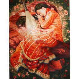A Chinese lady lying on the ground full of blossms with a pipa besider her, a Chinese silk embroidered painting from Suzhou China