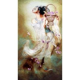Girl with flower basket, a Chinese silk embroidery painting from Suzhou China, hand embroidered with silk threads