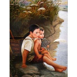 a Chinese gir and a chinese boy, sister and brother, sitting by riverside with reeds swaying in the breeze, a Chinese silk embroidery painting from Suzhou China