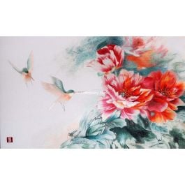 blooming pink and red peonies with two hummingbirds in midflight, a chinese silk embroidery painting all hand embroidered with silk threads
