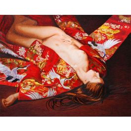 female nude lying on the ground gracefully in a red Japanese kimono, a silk hand embroidered art painting by Su Embroidery Studio, Suzhou China