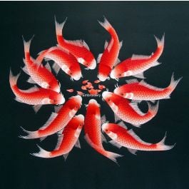  12 vibrant red koi fish swimming in a circular formation, a Chinese silk embroidery picture hand embroidered with silk threads from Suzhou China