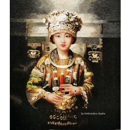 silk embroidered portrait of Chinese Miao minority girl with candle, hand embroidered by Su Embroidery Studio, Suzhou China