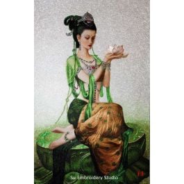 a seated lady with lotus flower, hand embroidered with silk theads, hand embroidery art from Suzhou
