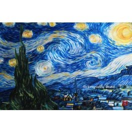 silk embroidery painting reproduced from van gogh's Starry Night, all hand embroidered with silk threads by embroidery artists from Su Embroidery Studio Suzhou China