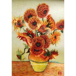 the sunflowers, a hand embroidered silk painting reproduced from van gogh's masterpiece by chinese embroidery artists from Su Embroidery Studio Suzhou China
