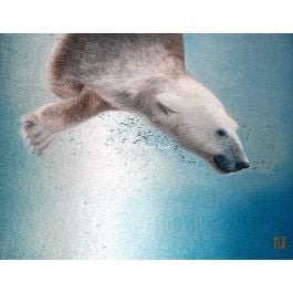 a polar bear diving into water, a hand embroidered silk masterpiece by Su Embroidery Studio in Suzhou China
