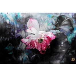 a pink lotus in a dark background, a masterpiece chinese silk embroidery by Su Embroidery Studio