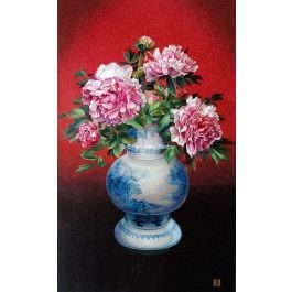 peonies in a porcelain vase, all hand embroidered with silk threads, a Chinese silk embroidery artwork from Su Embroidery Studio, Suzhou China