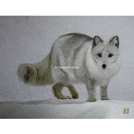 a white artic fox in snowy background, all hand embroidered with silk threads by embroidery artists from Su Embroidery Studio, Suzhou China