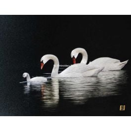 three swans swimming, a silk hand embroidered painting by embroidery artist from Su Embroidery Studio, Suzhou China