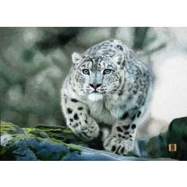 snow leopard walking a rock with moss, a silk embroidery painting hand embroidered with silk threads by embroidery artist from Su Embroidery Studio, Suzhou China