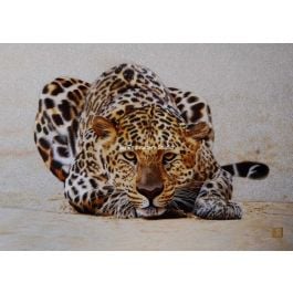 a crouching leopard hand embroidered with silk threads by embroidery artists from Su Embroidery Studio Suzhou China