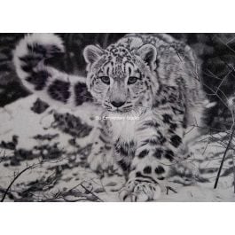 a snow leopard walking on snowy mountain, hand embroidered with silk threads by embroidery artist from Su Embroidery Studio, Suzhou China