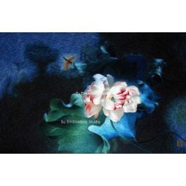 two lotus flowrers with a dragonfly, a hand embroidered painting with silk threads by embroidery artists from Su Embroidery Studio, Suzhou China