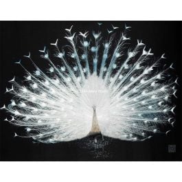 white peacock displaying its plumage fully, a hand embroidered silk art by Su Embroidery Studio
