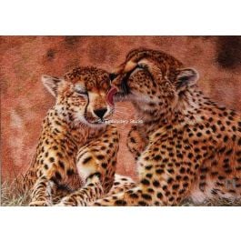two cheetahs, sitting in dry grass, one licking the other, a hand embroidered silk painting by Su Embroidery Studio