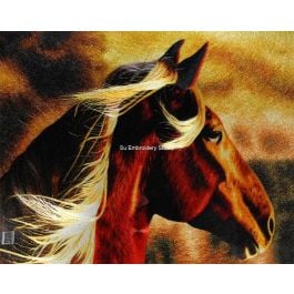 a close-up portrayal of a horse, focusing on its head and mane, Chinese silk hand embroidery art from Su Embroidery Studio