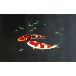 two japanese koi fish swimming with water plants aside, a Chinese silk embroidery painting from Su Embroidery Studio