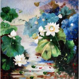 white lotus flower with green leaves, a hand embroidered silk painting by Su Embroidery Studio, Suzhou China