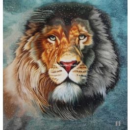 Lion in snowstorm, a handmade silk embroidery painting by Su Embroidery Studio