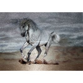 white horse in sand, hand embroidered with silk threads, silk embroidery art by Su Embroidery Studio