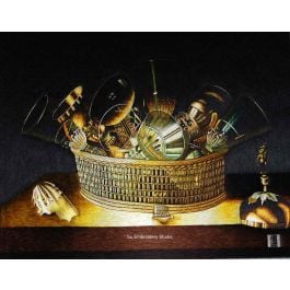 a wicker basket brimming with an assortment of glassware and metallic objects, hand embroidered with silk threads by chinese embroidery artists from Su Embroidery Studio, Suzhou China