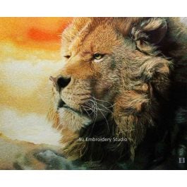 lion in sunset, hand embroidered with silk threads by chinese embroidery artists from Su Embroidery Studio, Suzhou China